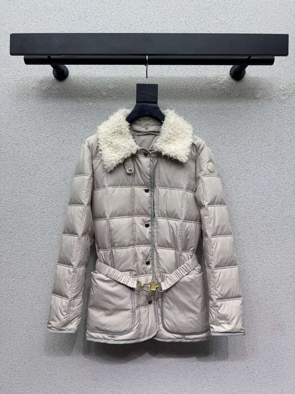 Moncler Beige Shearling Collar Waist Belt Down Coat